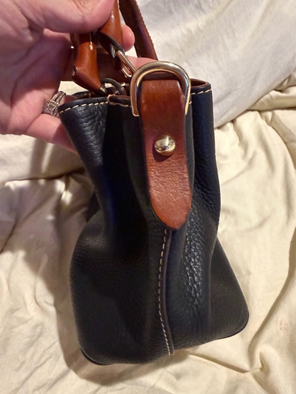Dooney & Bourke Black Pebble Leather Satchel Handbag Brown Trim - Picture 9 of 13